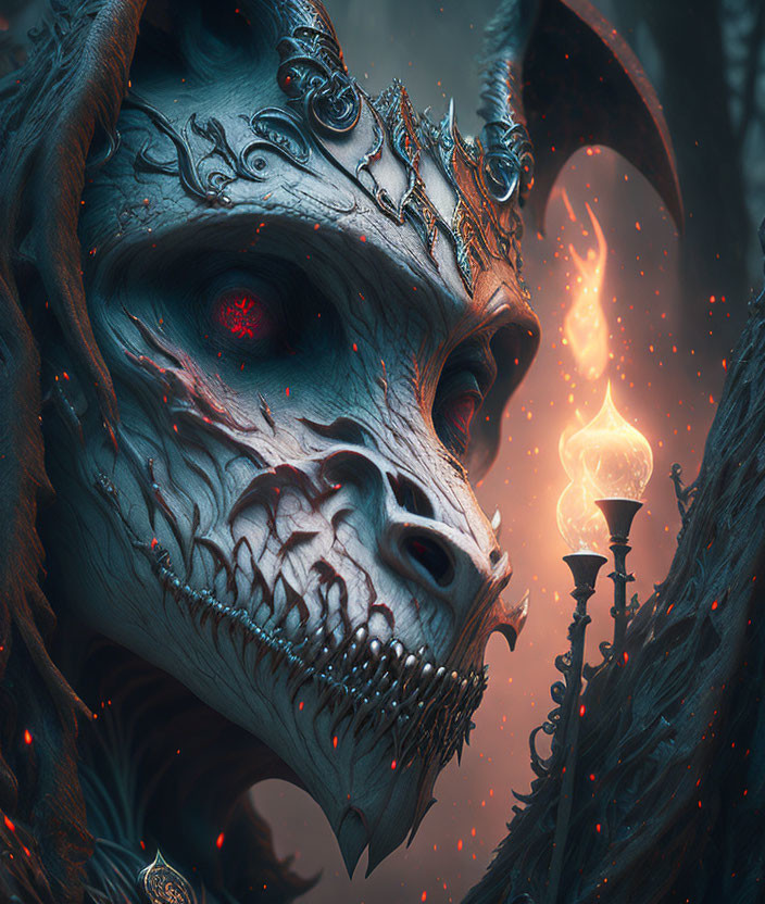 Detailed fantasy illustration: Skull-faced creature with red eyes and ornate headgear in fiery backdrop