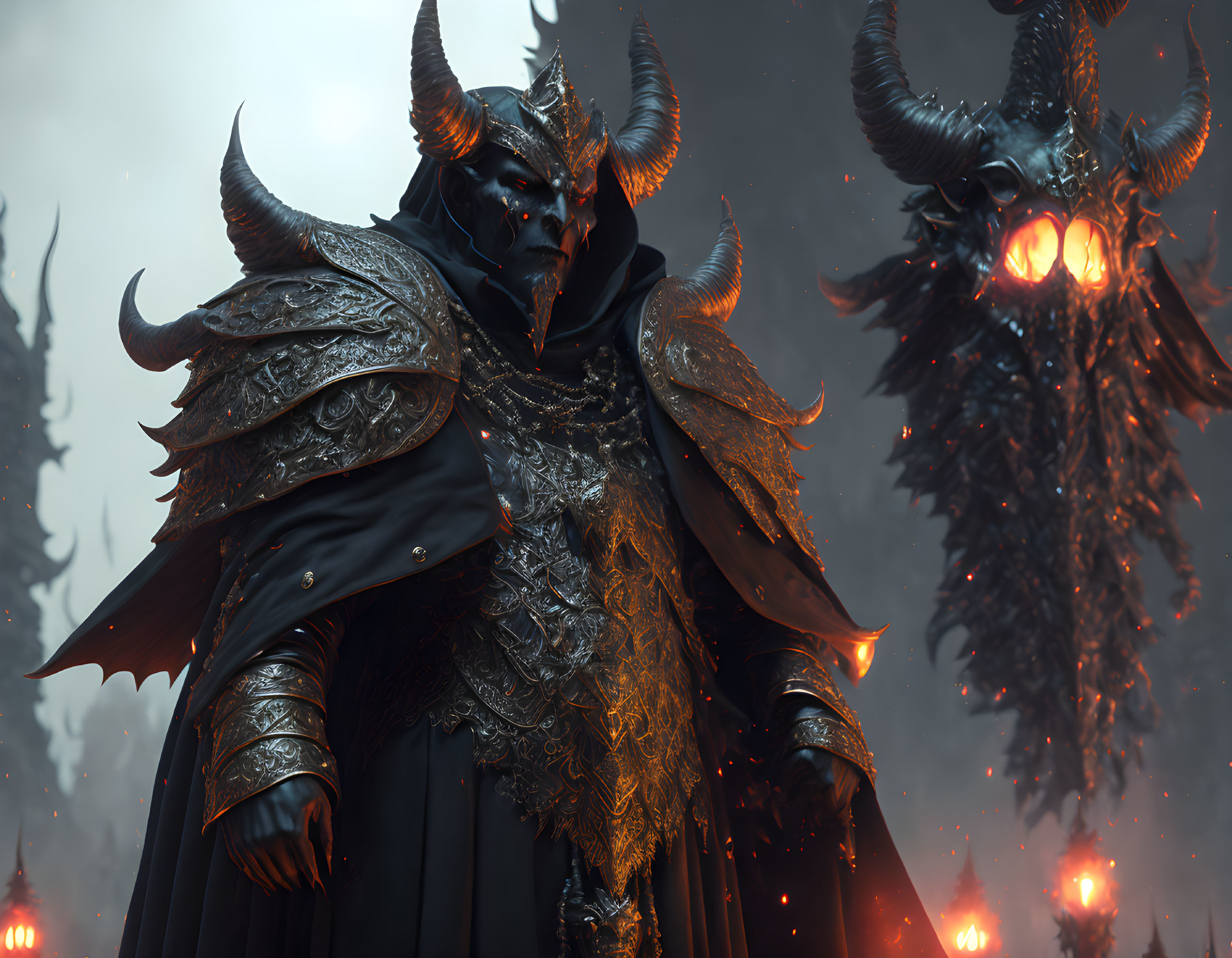 Sinister demonic figures in ornate armor on dark fiery landscape