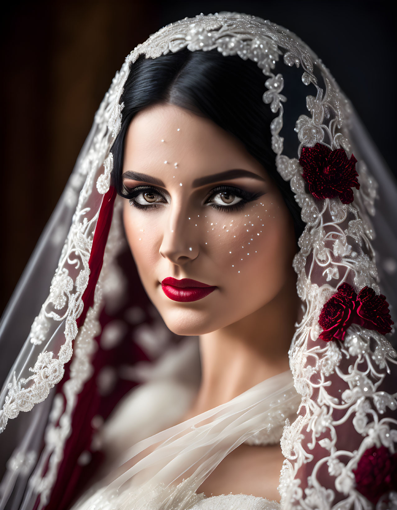 Dark-Haired Bride in White Lace Veil with Red Flowers gazes at camera