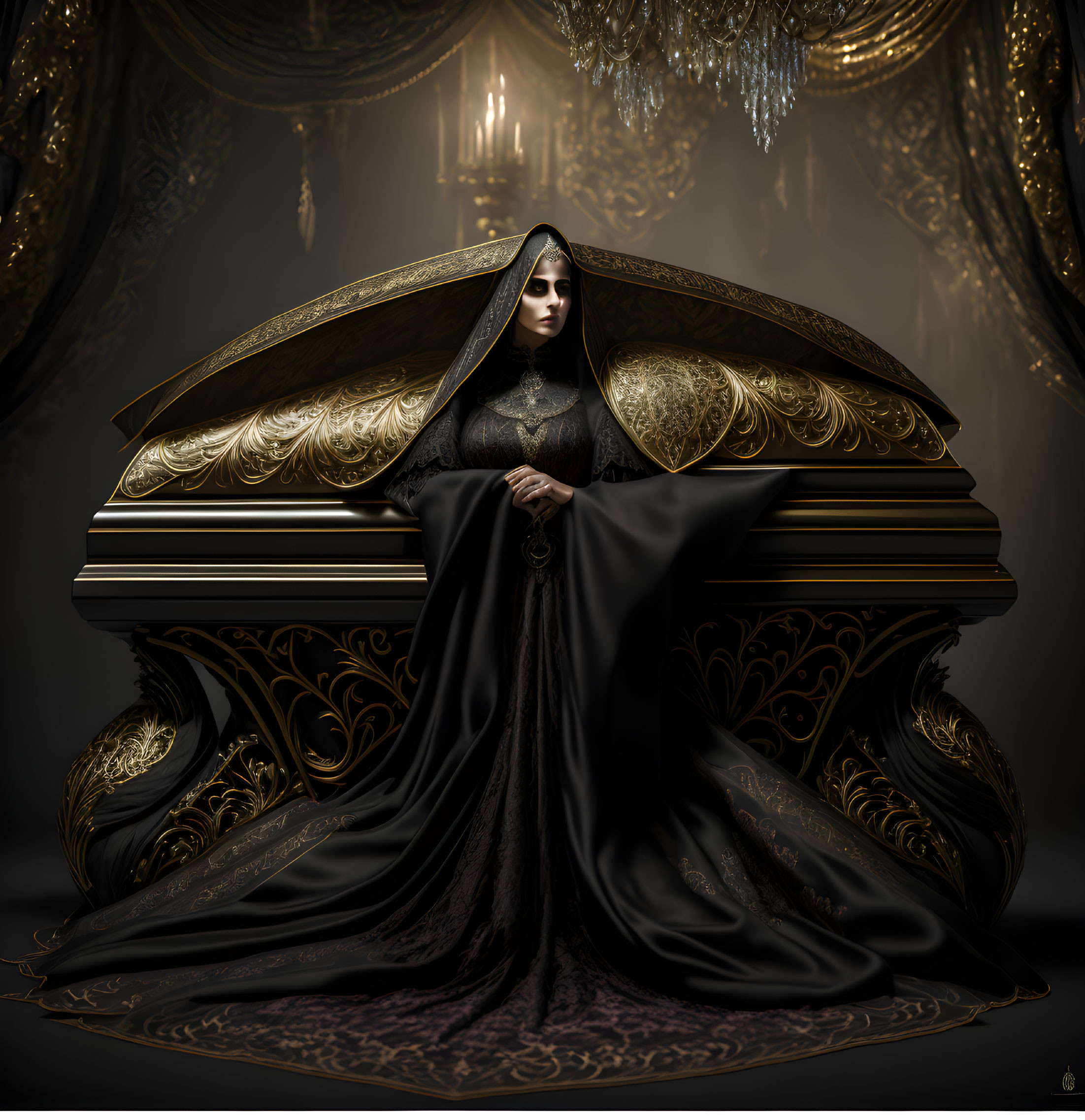 Regal woman in black gown on ornate throne in dimly lit room