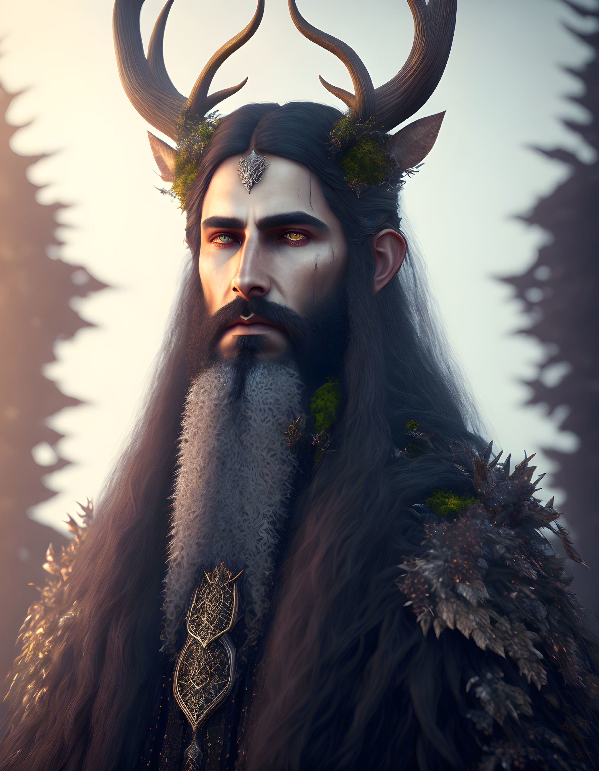 Male figure with antlers and gray beard exudes regal forest-themed aura