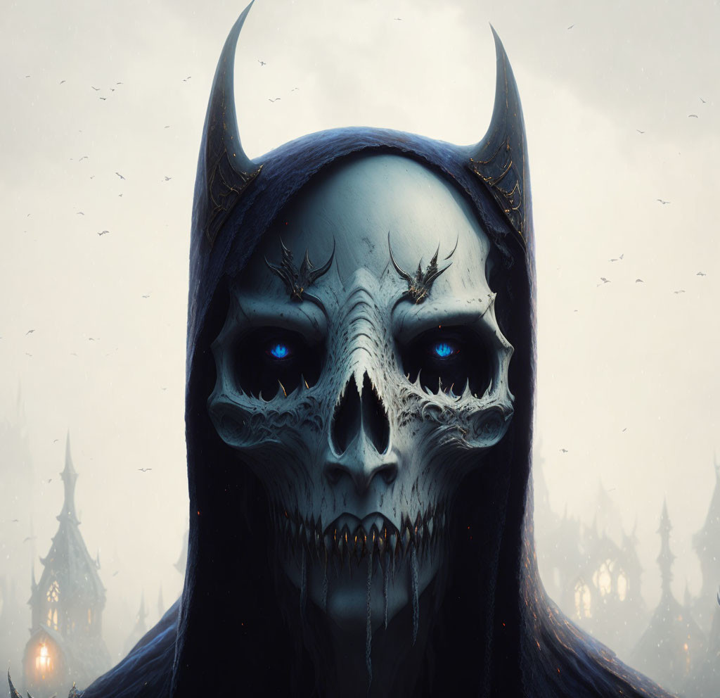 Skull with Glowing Blue Eyes and Horned Helmet in Gothic Background