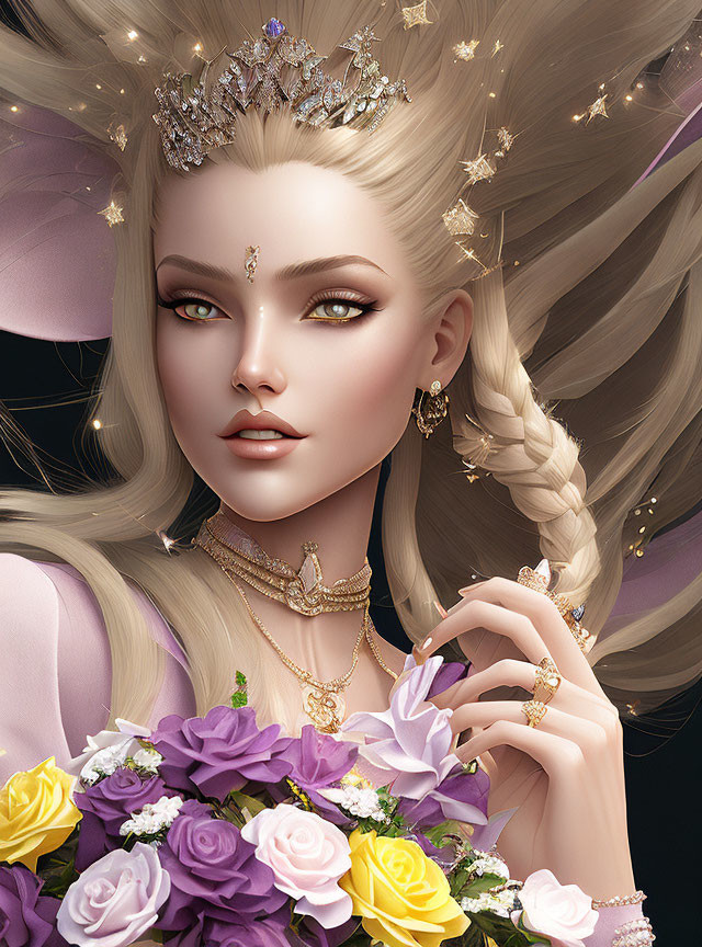 Fantasy portrait of a woman with pointed ears and celestial hair holding roses