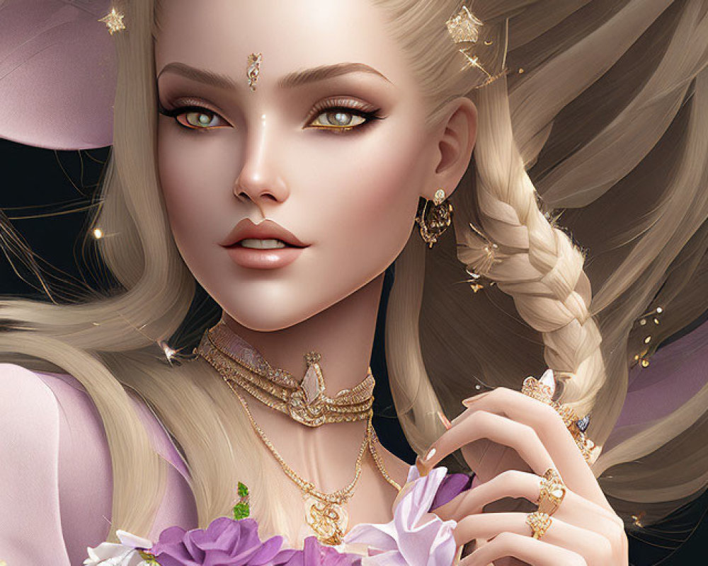 Fantasy portrait of a woman with pointed ears and celestial hair holding roses