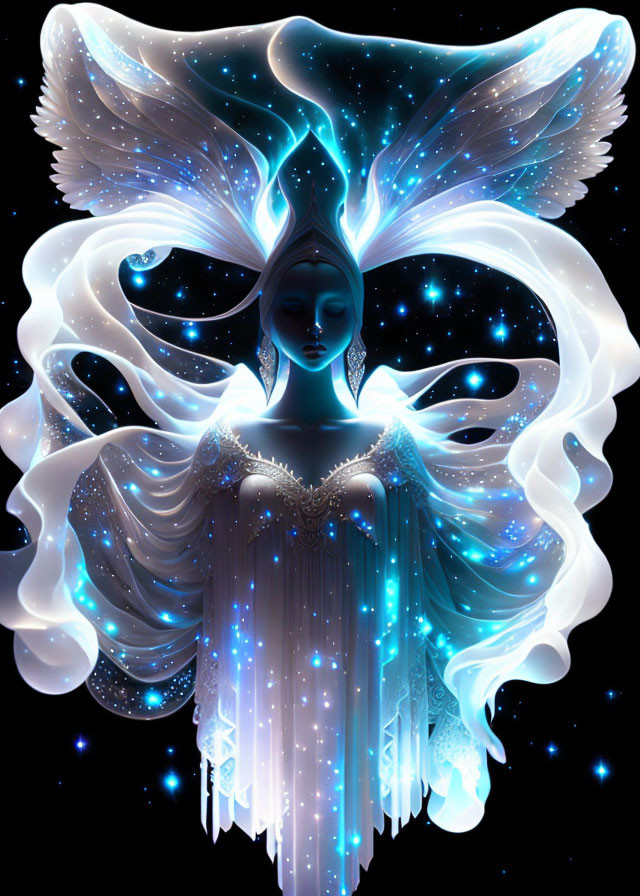 Luminescent figure with butterfly wings in starry backdrop