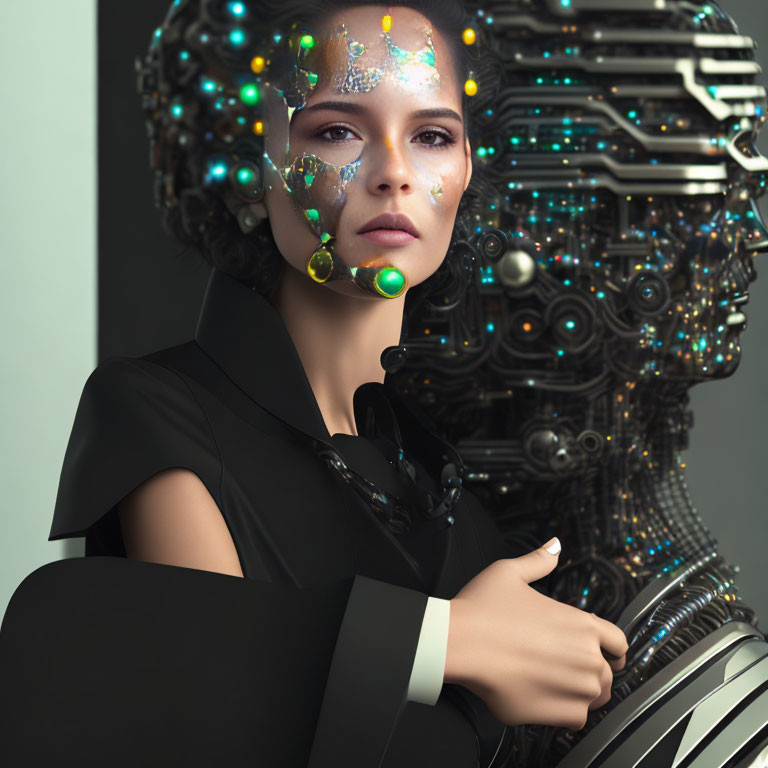 Futuristic woman with glowing cybernetic enhancements and complex machinery in background