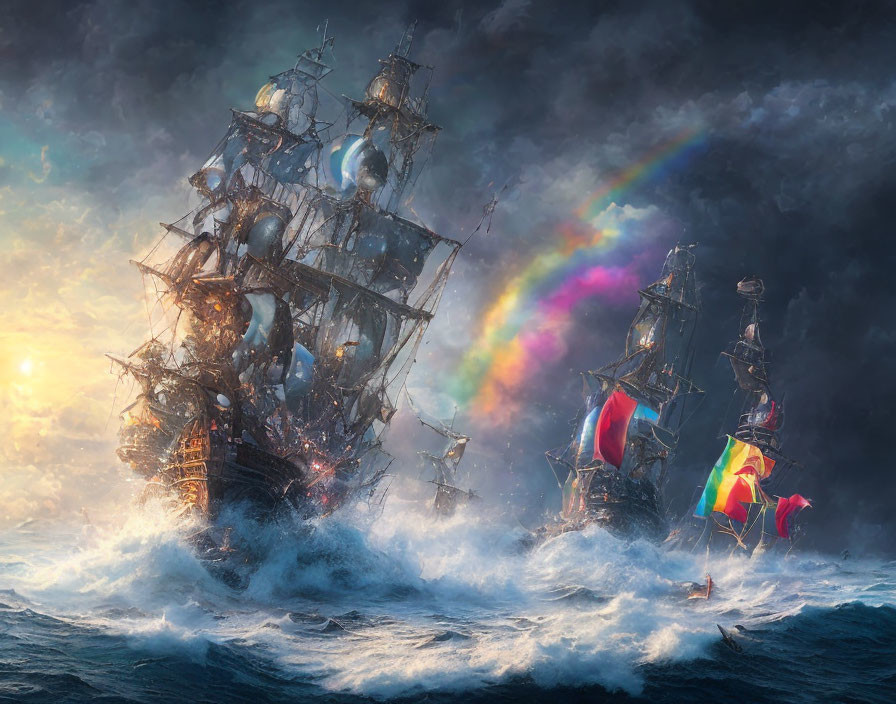 Majestic sailing ships in battle on stormy sea with rainbow and dramatic clouds.