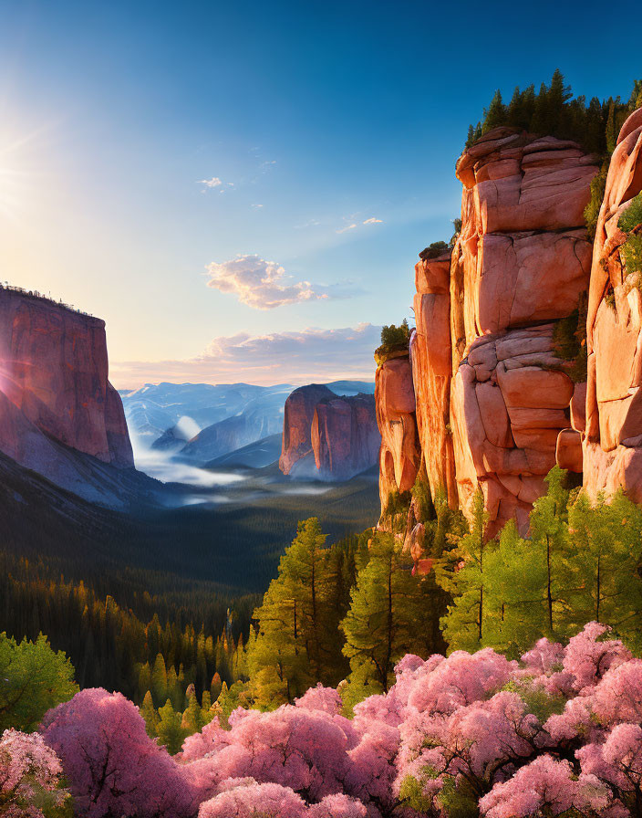 Sunrise view of majestic cliffs, foggy valley, pink blossoms, and blue sky