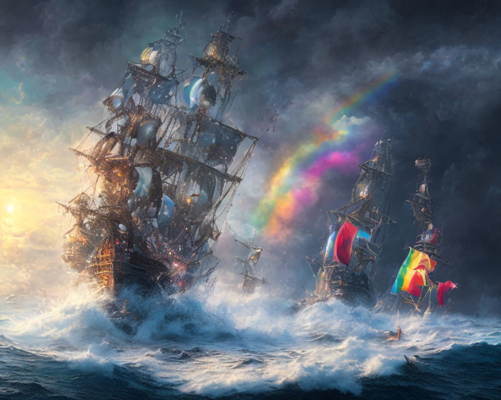 Majestic sailing ships in battle on stormy sea with rainbow and dramatic clouds.