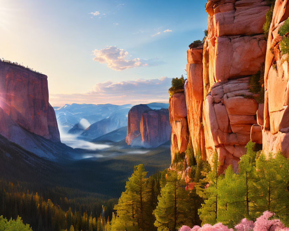 Sunrise view of majestic cliffs, foggy valley, pink blossoms, and blue sky