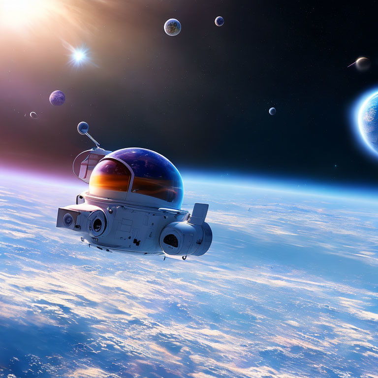 Futuristic digital artwork of satellite orbiting Earth