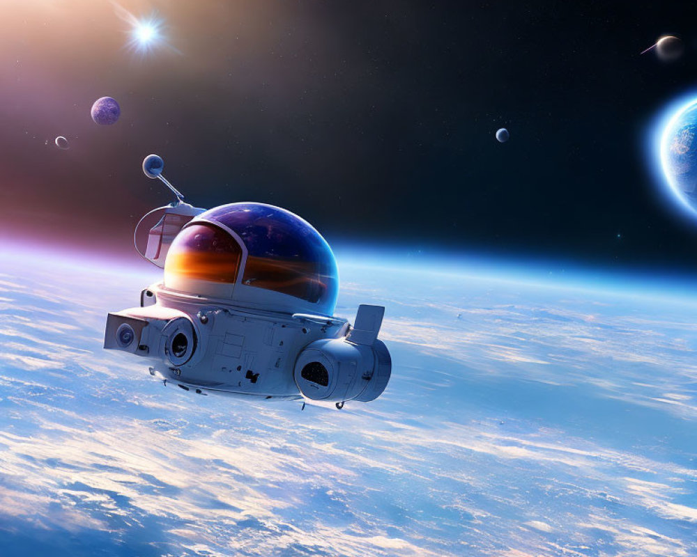 Futuristic digital artwork of satellite orbiting Earth