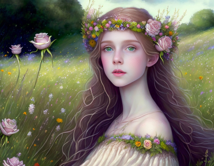 Digital painting of young woman with floral wreath in lush meadow.