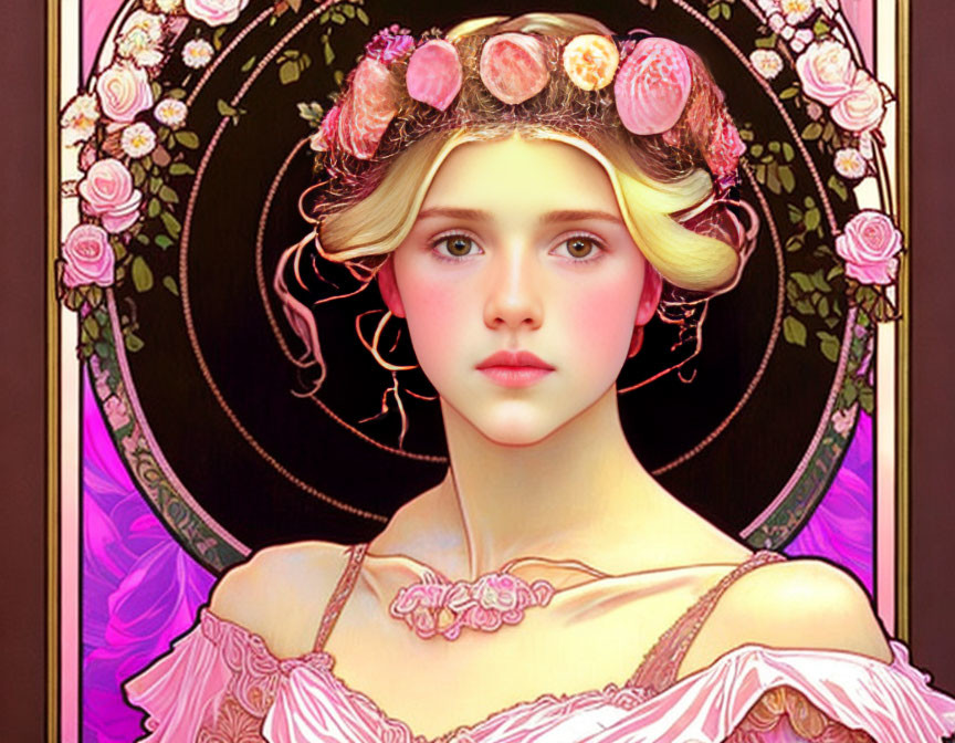 Digital artwork: Young woman with blonde hair and pink rose wreath against stained glass background.