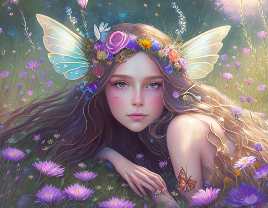 Whimsical fairy with iridescent wings in floral setting