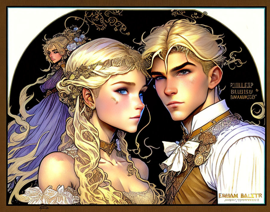 Fantasy elf couple illustration with fair skin, pointed ears, intricate clothing, and regal golden adorn