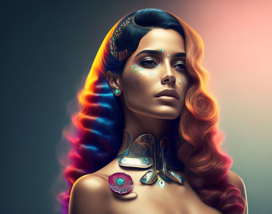 Colorful portrait of a woman with rainbow hair and futuristic jewelry