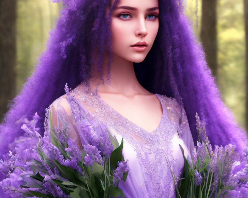 Woman with Purple Hair and Blue Eyes in Lilac Dress Surrounded by Lavender Blooms