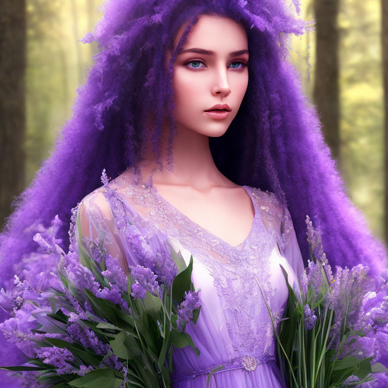 Woman with Purple Hair and Blue Eyes in Lilac Dress Surrounded by Lavender Blooms