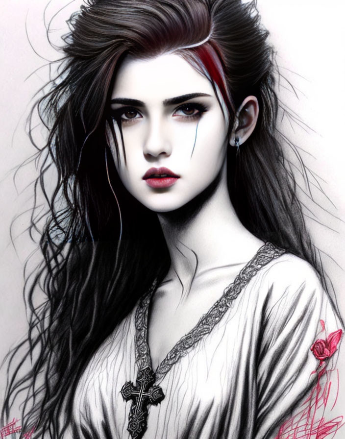 Gothic woman illustration with striking eyes, dark hair, cross necklace, and red rose