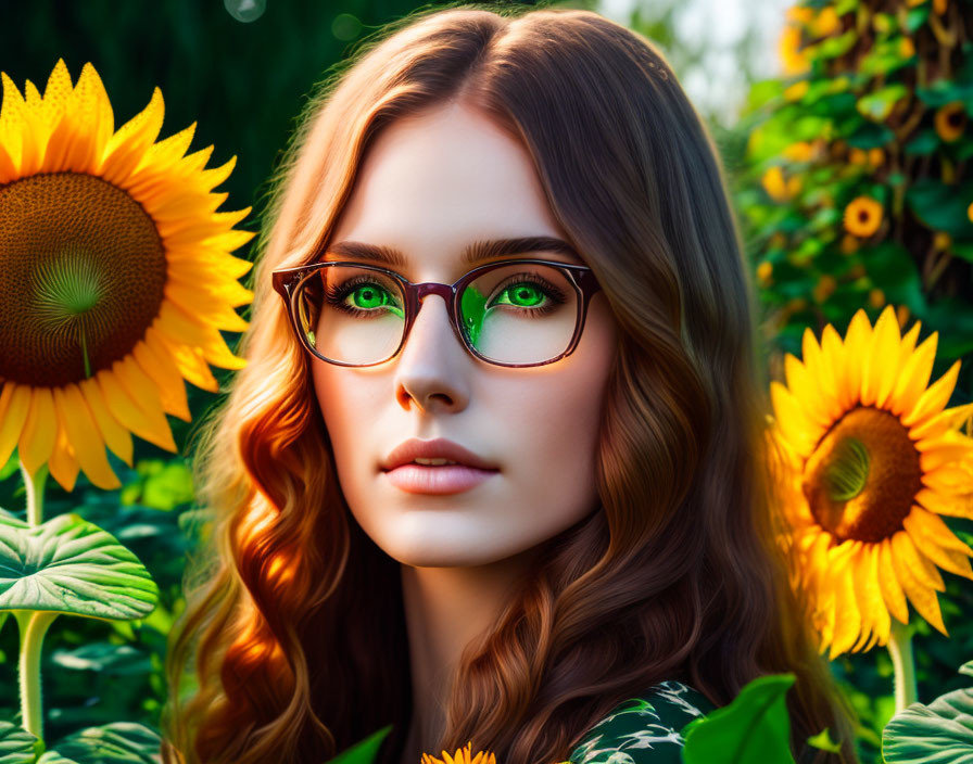 Vibrant sunflowers frame a woman in green glasses.