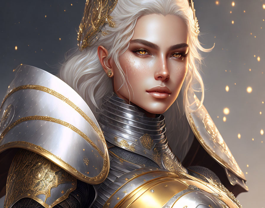 Fantasy female warrior digital portrait in ornate silver and gold armor