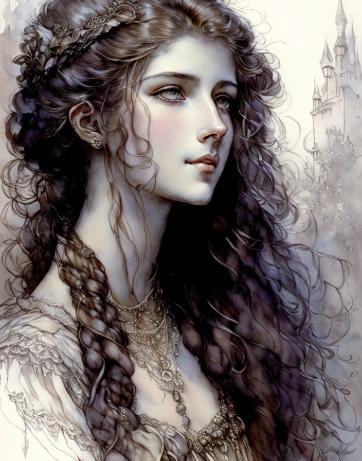 Fantasy style illustration of woman with curly hair, braids, and crown