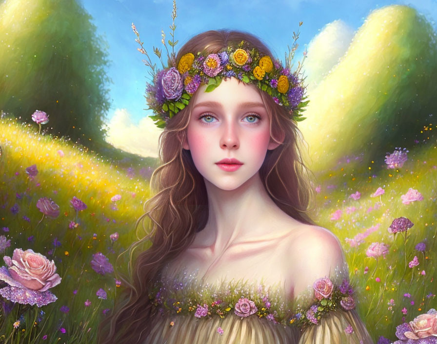 Digital Artwork: Young Woman with Floral Crown in Flower-Filled Meadow