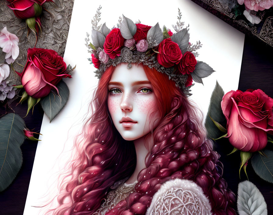 Mythical woman digital artwork with red hair and floral crown