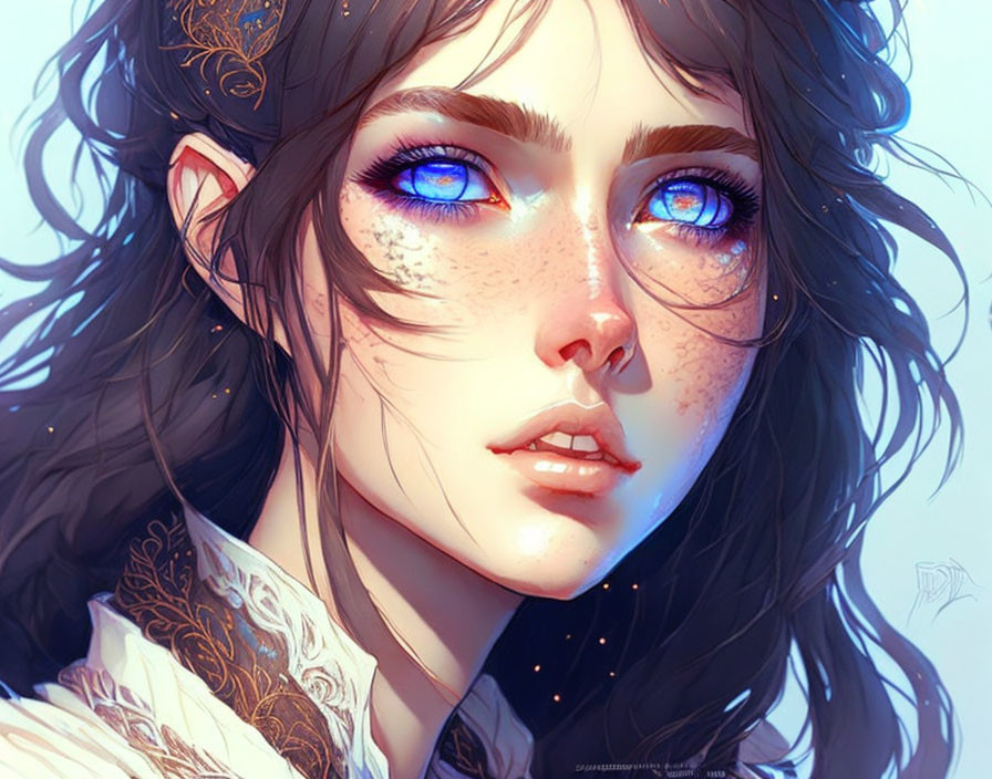 Female character digital artwork: blue-eyed, freckled, ornately dressed, with ethereal glow