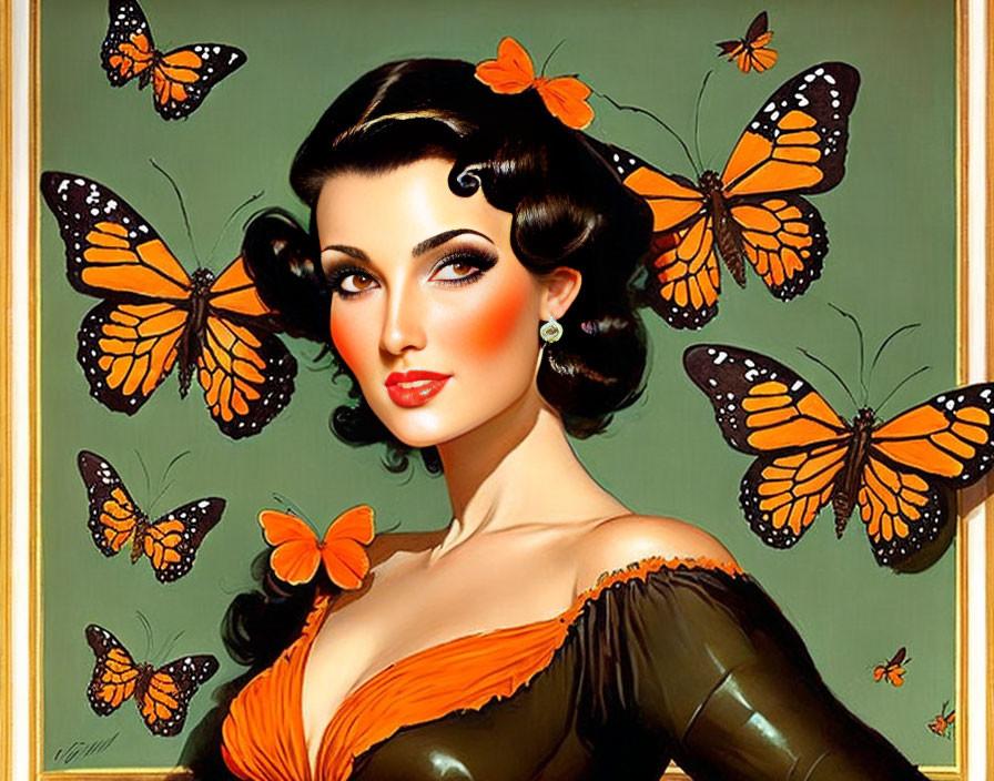 Vintage-style illustration of woman with dark hair, orange butterflies, off-shoulder dress & pearl earrings