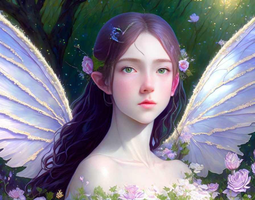 Fantasy female character with butterfly wings in lush greenery