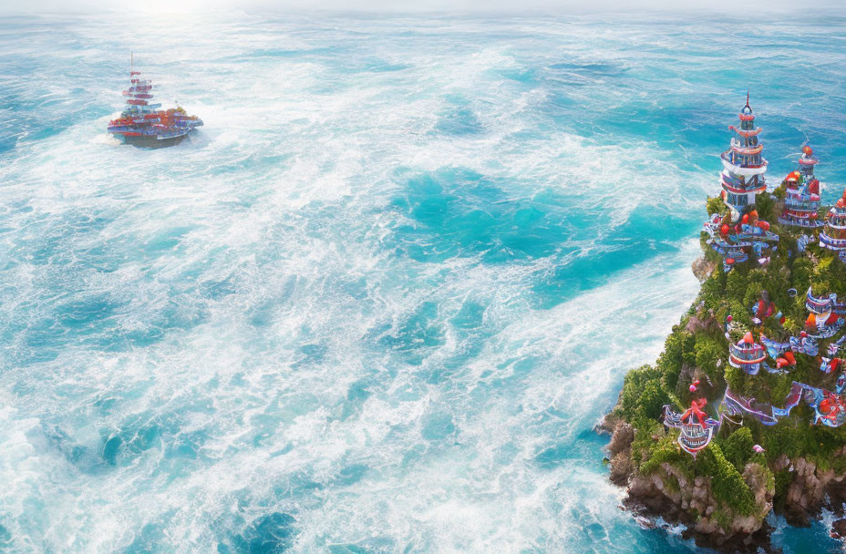 Vibrant festively decorated ship near pagodas on cliff by turquoise sea