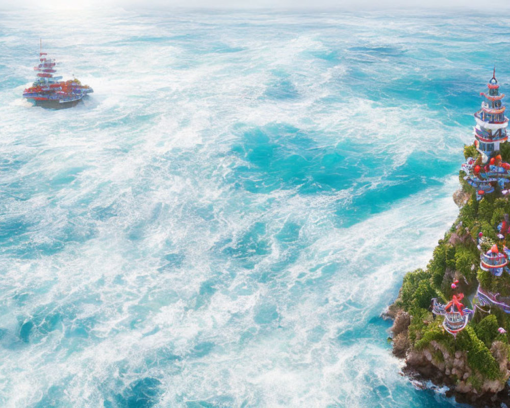 Vibrant festively decorated ship near pagodas on cliff by turquoise sea