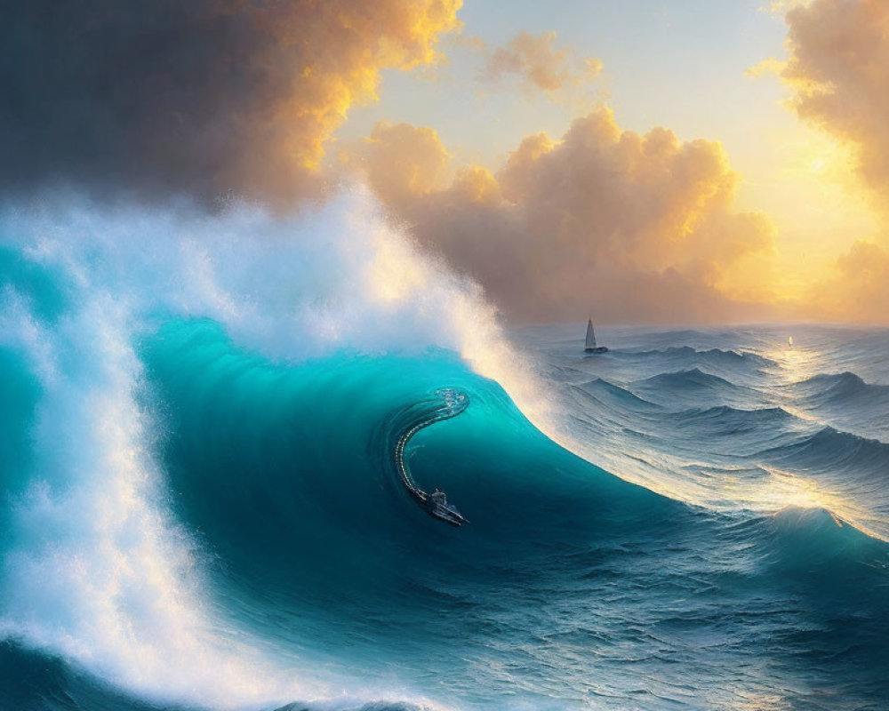 Majestic blue wave under sunset sky with sailboat