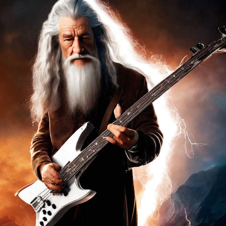 White-bearded character with electric guitar in dramatic lightning backdrop