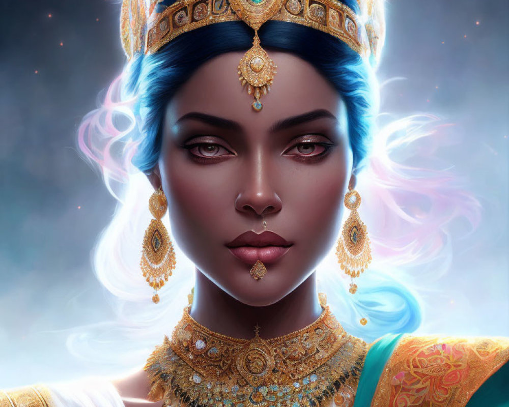 Digital portrait of a woman in regal attire with jewel-encrusted crown and gold jewelry on