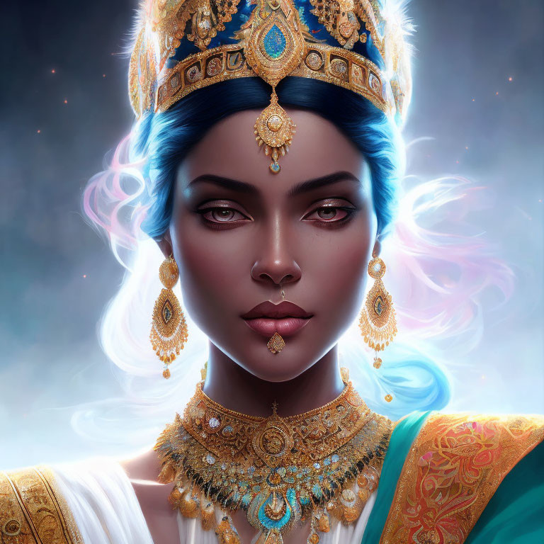 Digital portrait of a woman in regal attire with jewel-encrusted crown and gold jewelry on