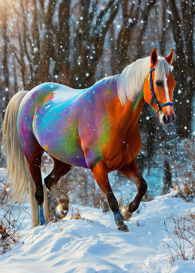 Vibrant rainbow-colored horse in snowy forest with sunlight filtering.