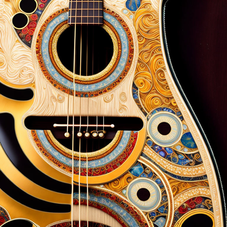 Ornate Guitar with Colorful Inlay Patterns