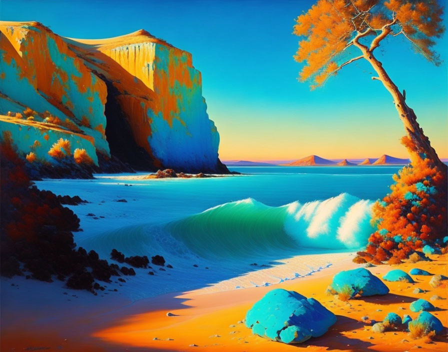 Golden cliffs, turquoise sea, lone tree, colorful foliage on sandy beach