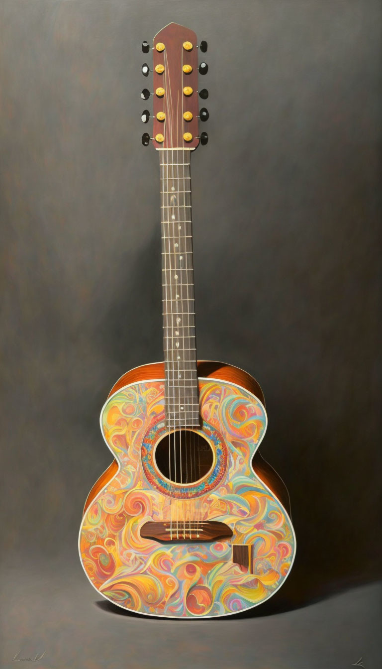 Vibrant psychedelic pattern on acoustic guitar with 12 strings