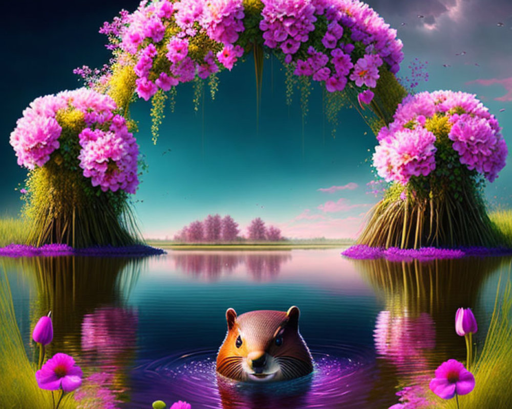 Illustration of fox head in pond with pink flowers and floral bridge