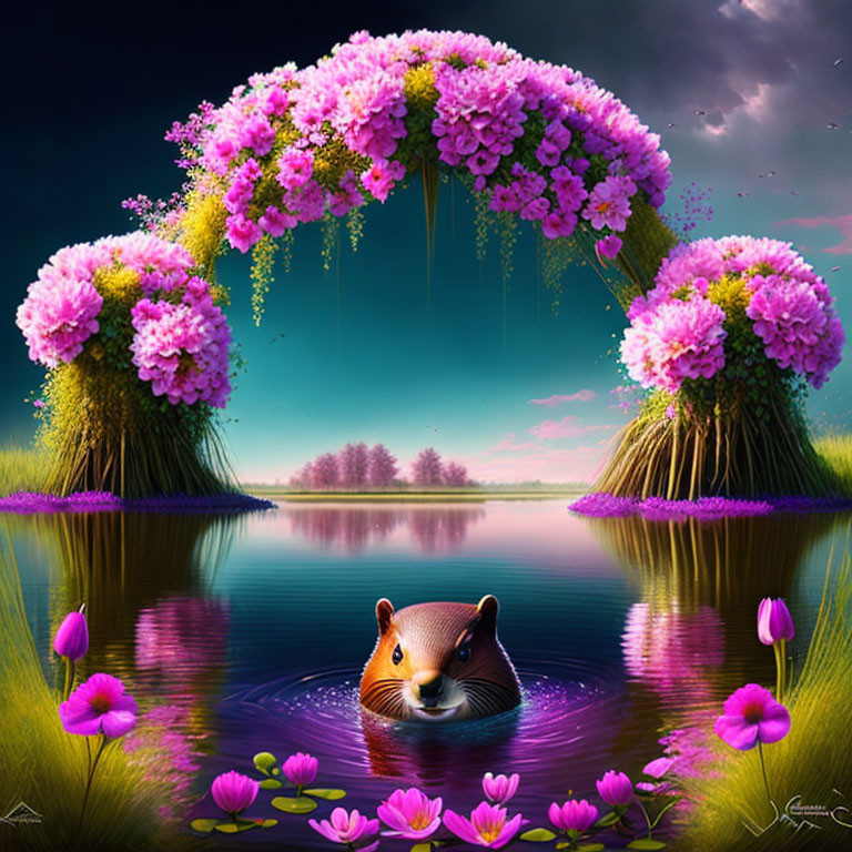 Illustration of fox head in pond with pink flowers and floral bridge