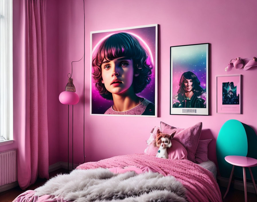 Colorful Pink-Themed Bedroom with Female Character Posters and Pet Dog