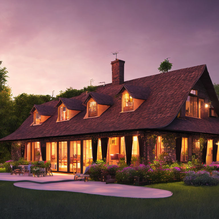 Charming cottage with lit windows in lush greenery at dusk