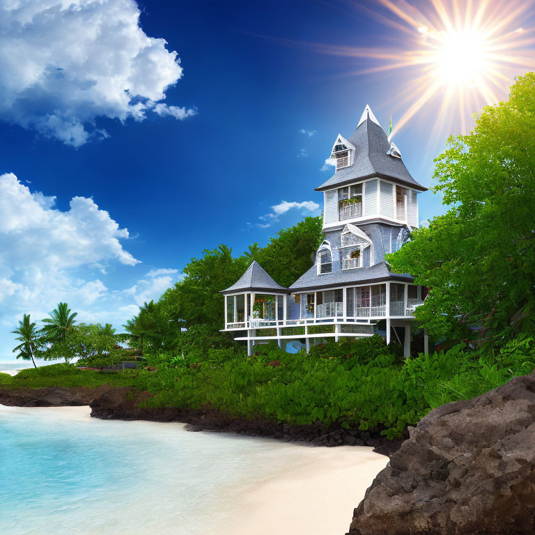 Victorian-style House on Tropical Beach with Clear Blue Skies