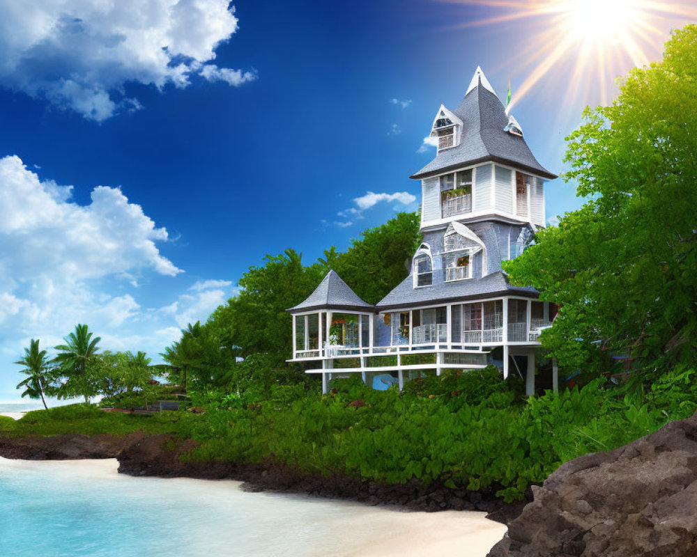 Victorian-style House on Tropical Beach with Clear Blue Skies