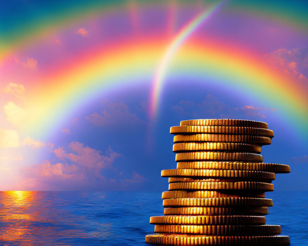 Digital image of gold coin tower on water with rainbow and cloudy sky