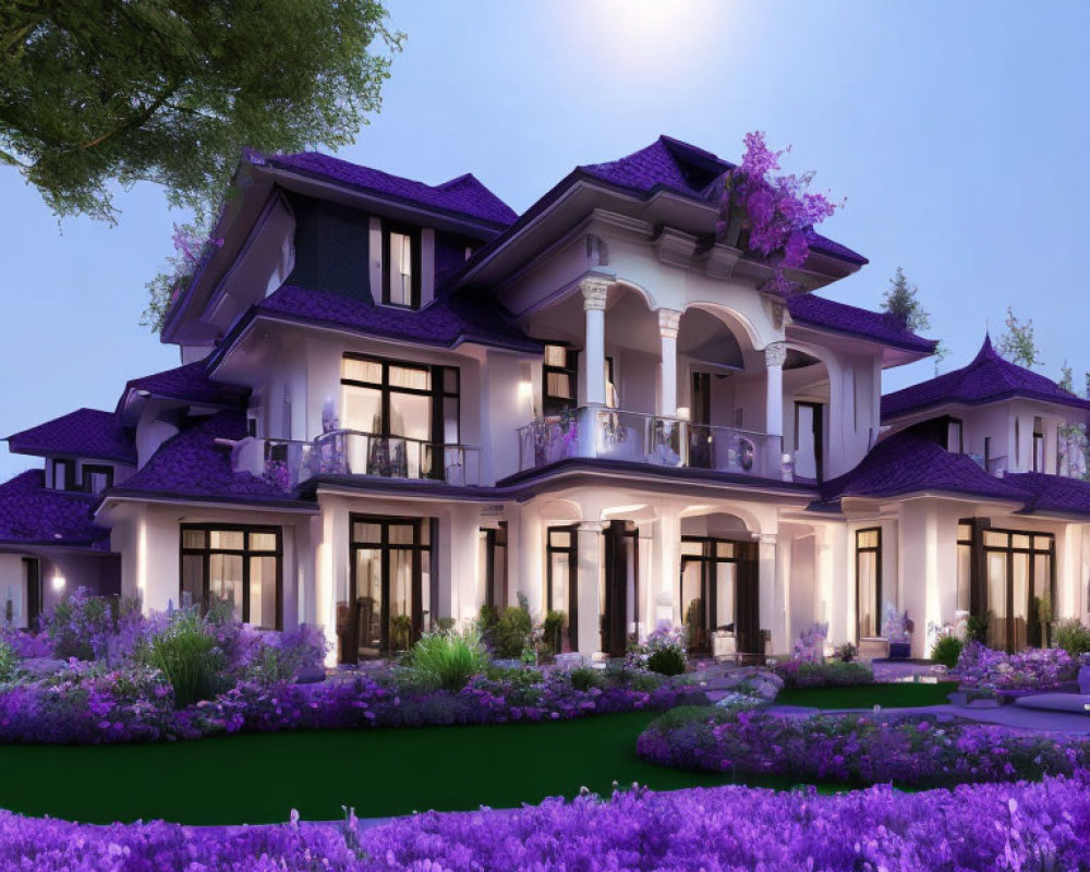 Luxurious two-story house with illuminated windows in twilight setting surrounded by lush landscaping.